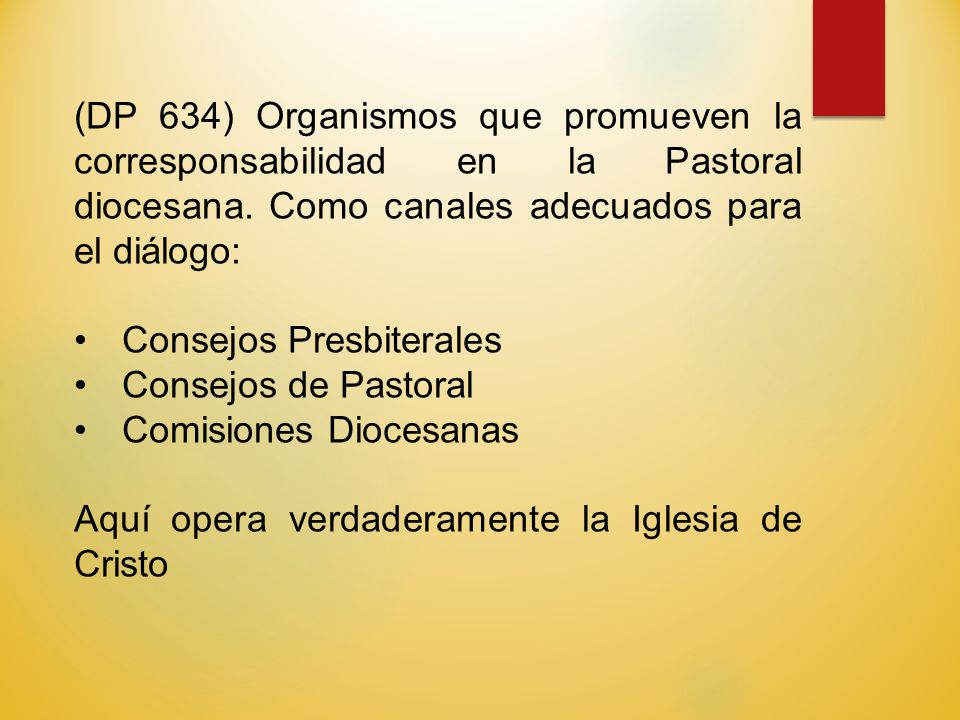(DP 634) Organismos que promueven la corresponsabilidad en la Pastoral diocesana. Como canales adecuados para el diálogo: