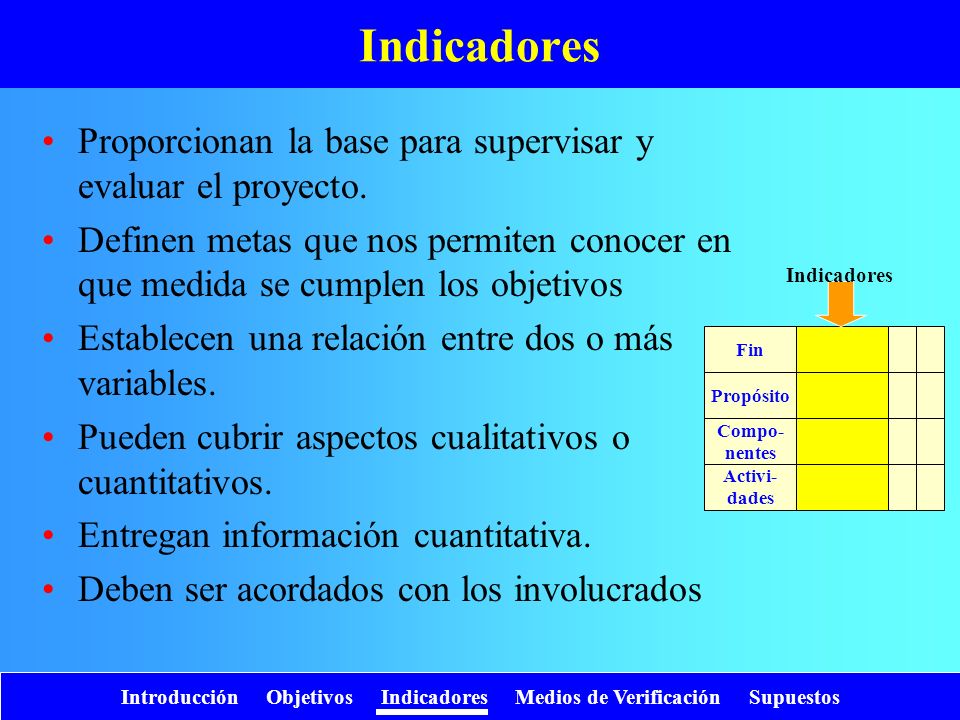 Indicadores Proporcionan la base para supervisar y evaluar el proyecto.
