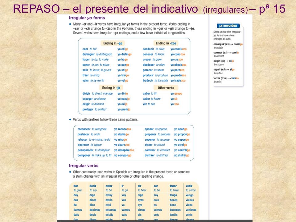 REPASO – el presente del indicativo (irregulares) – pª 15