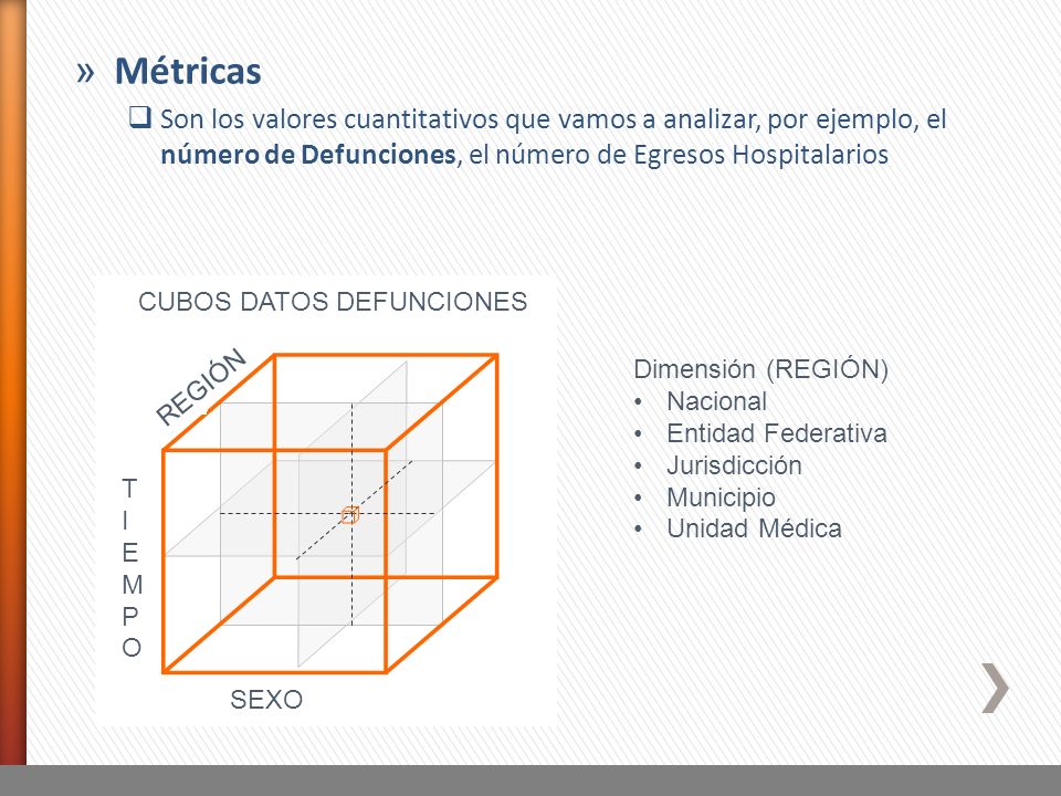 Métricas Son los valores cuantitativos que vamos a analizar, por ejemplo, el número de Defunciones, el número de Egresos Hospitalarios.