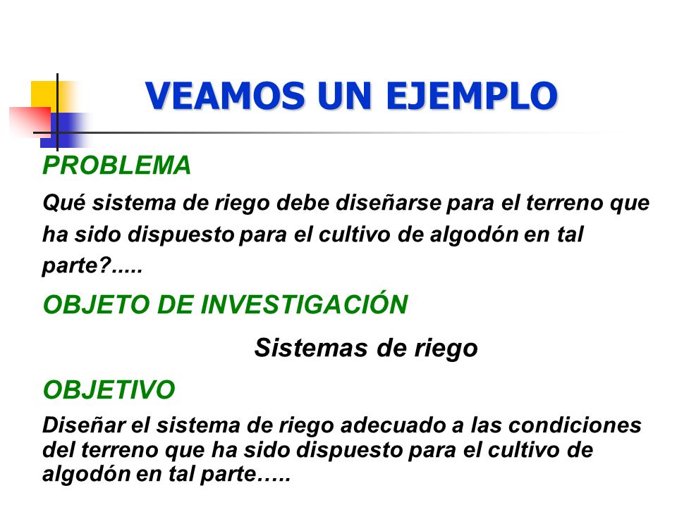 VEAMOS UN EJEMPLO PROBLEMA OBJETO DE INVESTIGACIÓN Sistemas de riego