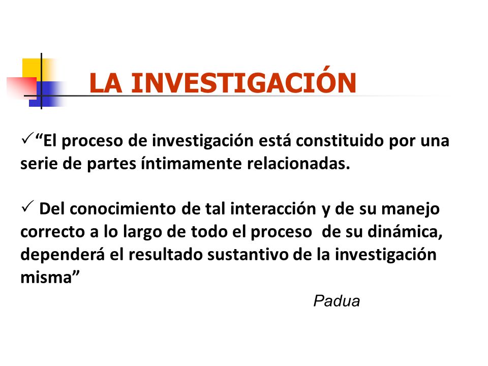 LA INVESTIGACIÓN El proceso de investigación está constituido por una serie de partes íntimamente relacionadas.