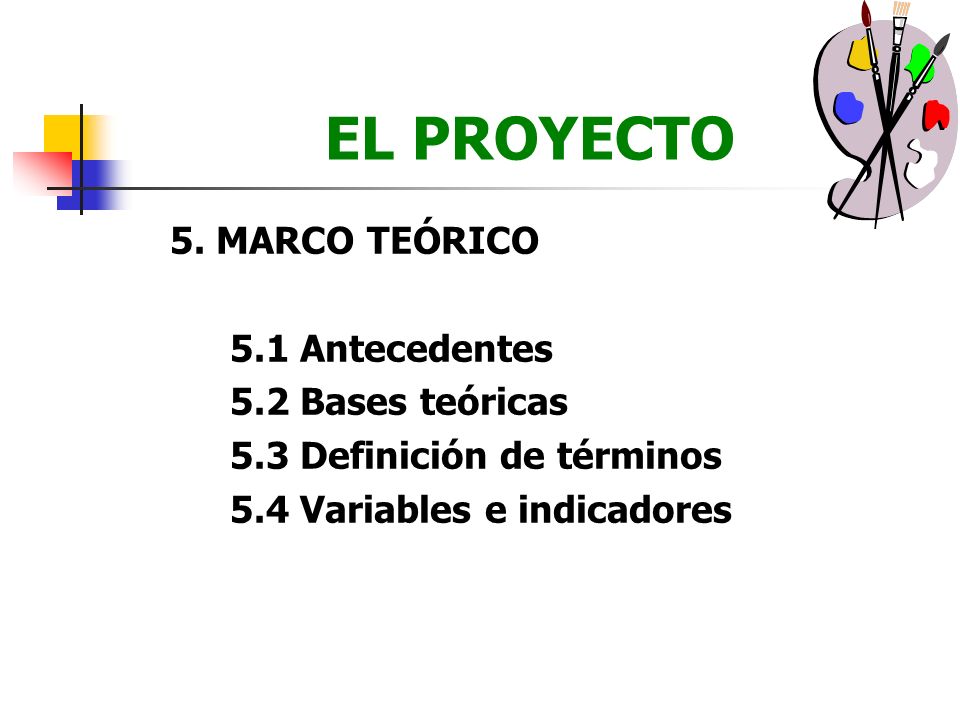EL PROYECTO 5. MARCO TEÓRICO 5.1 Antecedentes 5.2 Bases teóricas