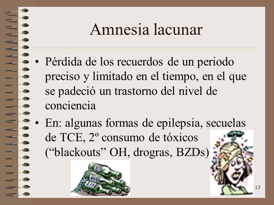 Amnesia lacunar Pérdida de los recuerdos de un periodo preciso y limitado en el tiempo, en el que se padeció un trastorno del nivel de conciencia.