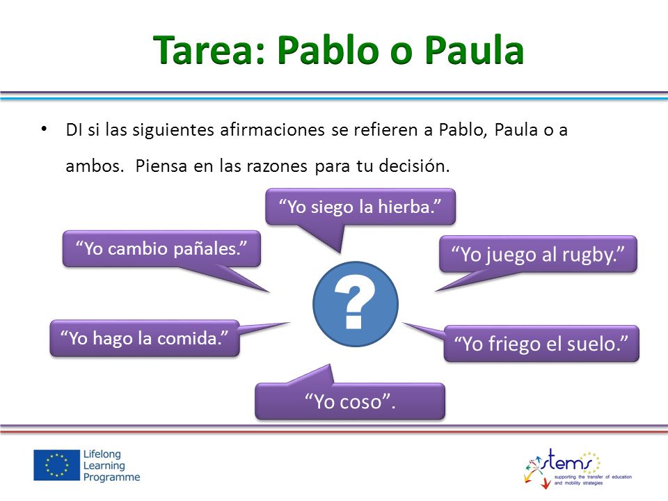 Tarea: Pablo o Paula Yo juego al rugby. Yo coso .