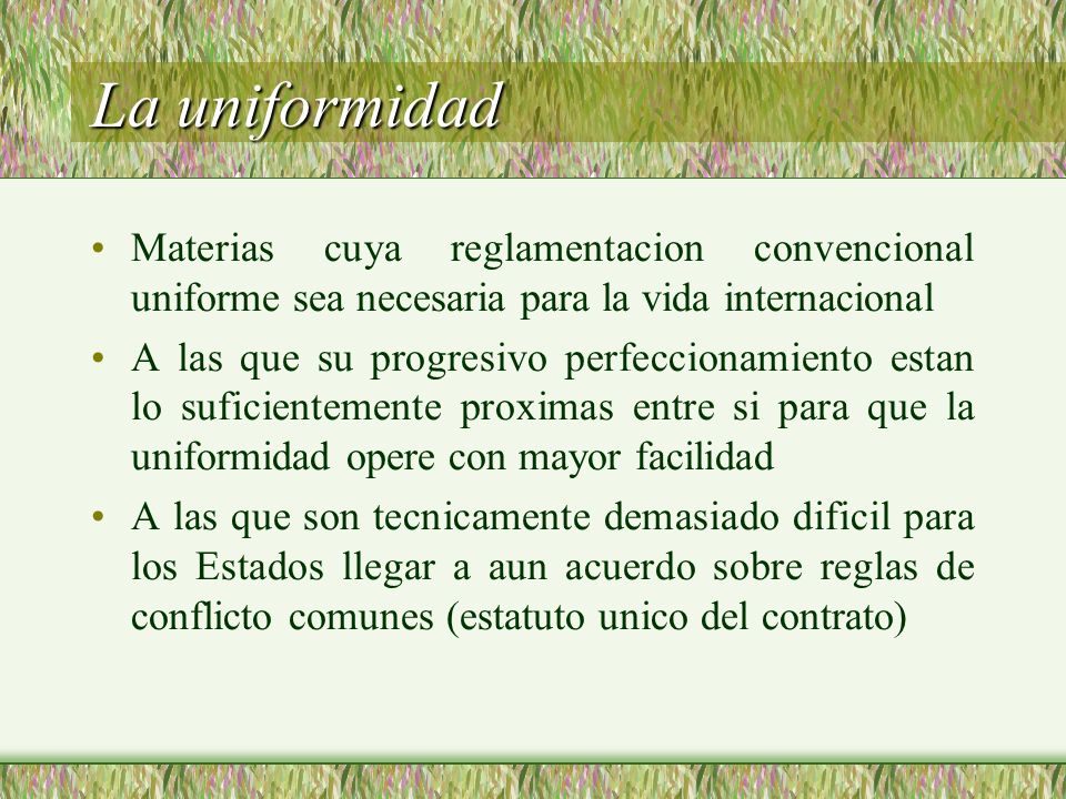 La uniformidad Materias cuya reglamentacion convencional uniforme sea necesaria para la vida internacional.