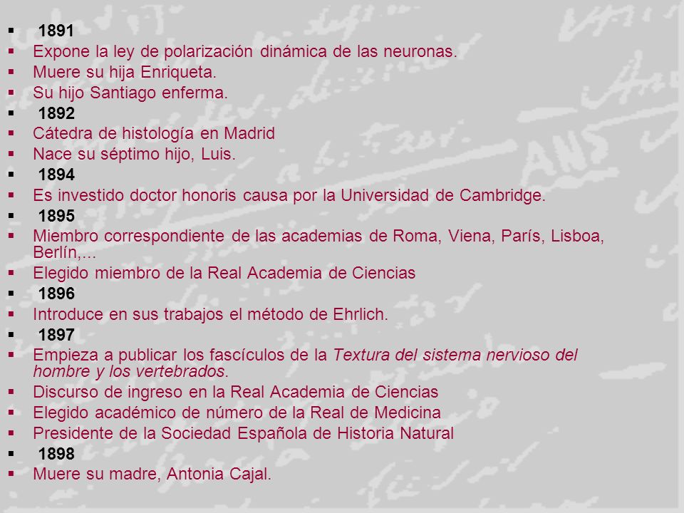 1891 Expone la ley de polarización dinámica de las neuronas. Muere su hija Enriqueta. Su hijo Santiago enferma.