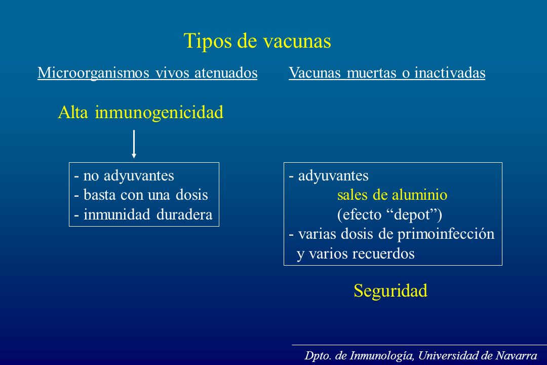 Tipos de vacunas Alta inmunogenicidad Seguridad