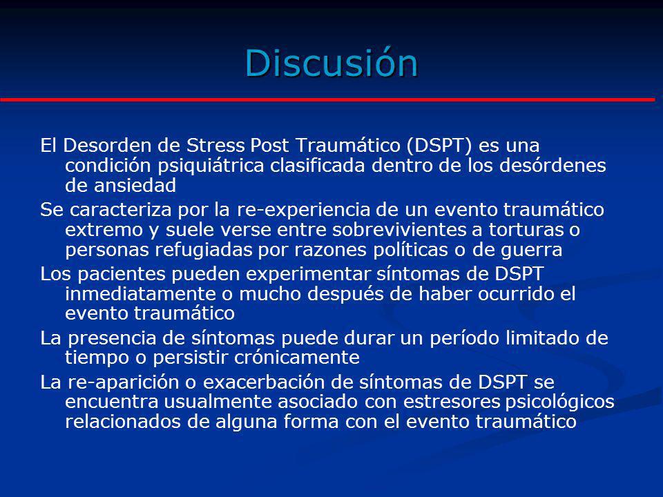 Discusión El Desorden de Stress Post Traumático (DSPT) es una condición psiquiátrica clasificada dentro de los desórdenes de ansiedad.