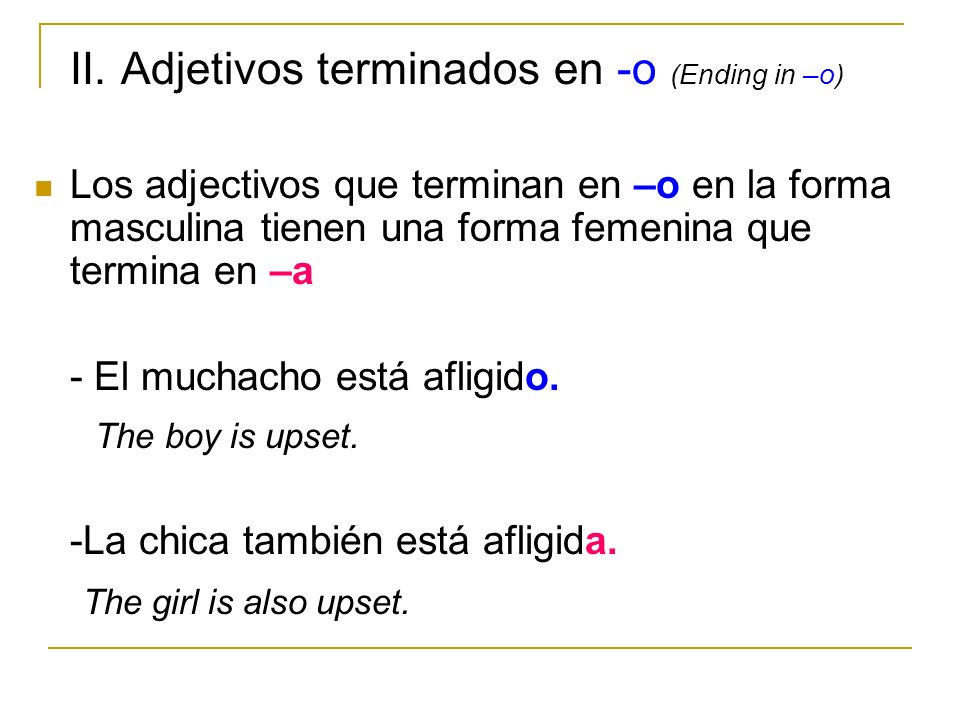 II. Adjetivos terminados en -o (Ending in –o)