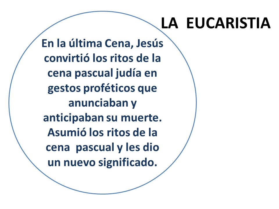 En la última Cena, Jesús convirtió los ritos de la cena pascual judía en gestos proféticos que anunciaban y anticipaban su muerte. Asumió los ritos de la cena pascual y les dio un nuevo significado.