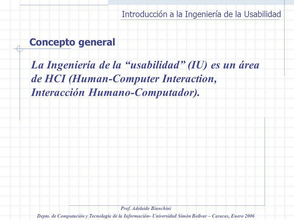Concepto general La Ingeniería de la usabilidad (IU) es un área de HCI (Human-Computer Interaction, Interacción Humano-Computador).