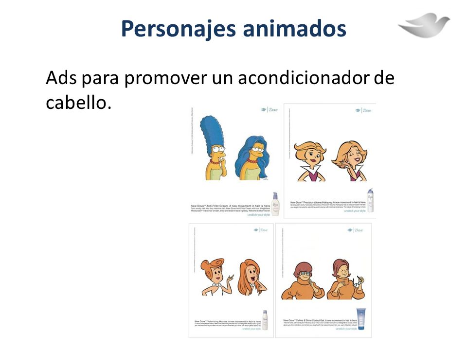 Personajes animados Ads para promover un acondicionador de cabello.