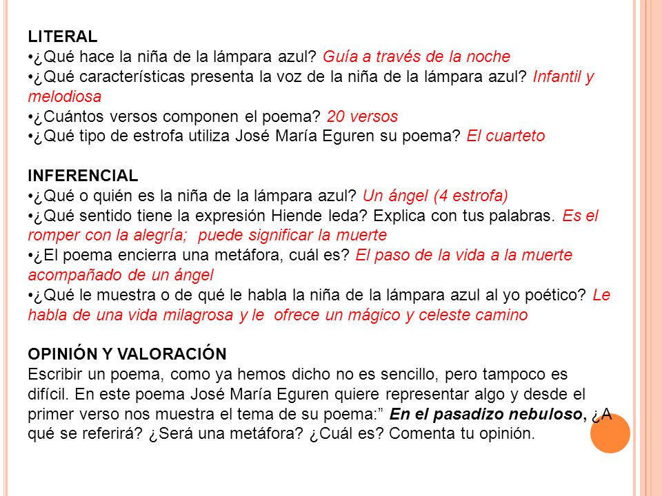LITERAL ¿Qué hace la niña de la lámpara azul Guía a través de la noche.