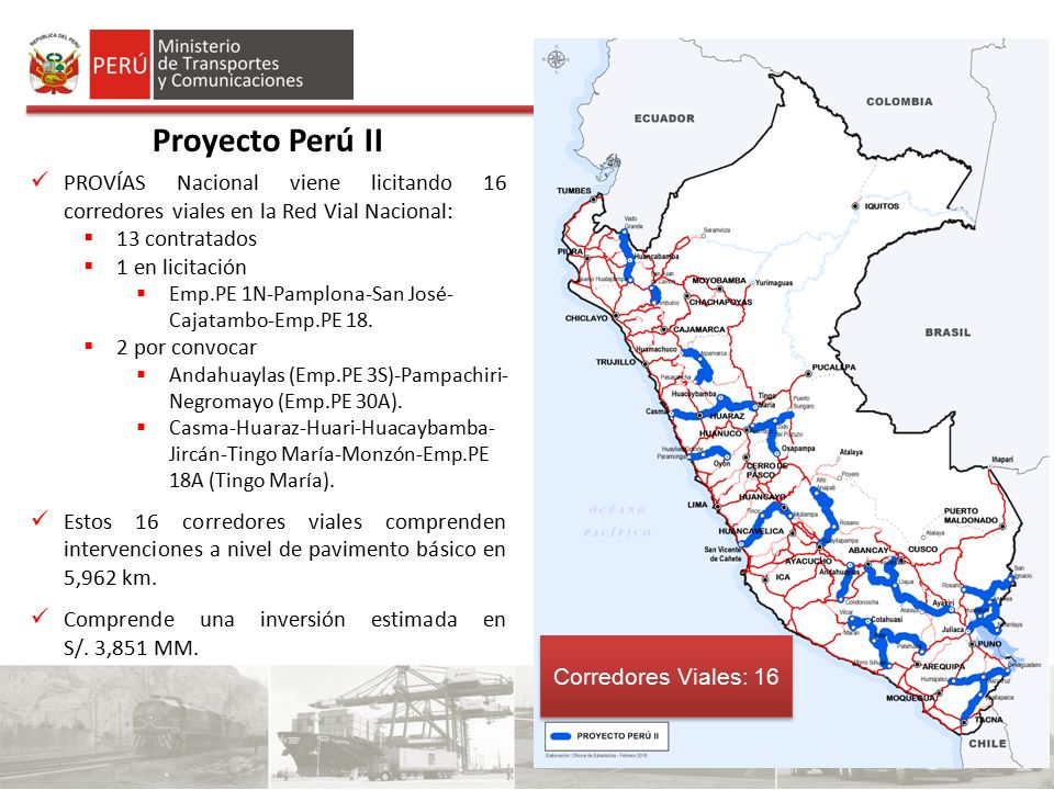 Proyecto Perú II PROVÍAS Nacional viene licitando 16 corredores viales en la Red Vial Nacional: 13 contratados.