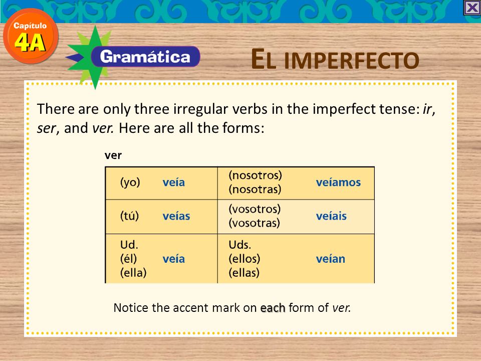 El imperfecto There are only three irregular verbs in the imperfect tense: ir, ser, and ver. Here are all the forms: