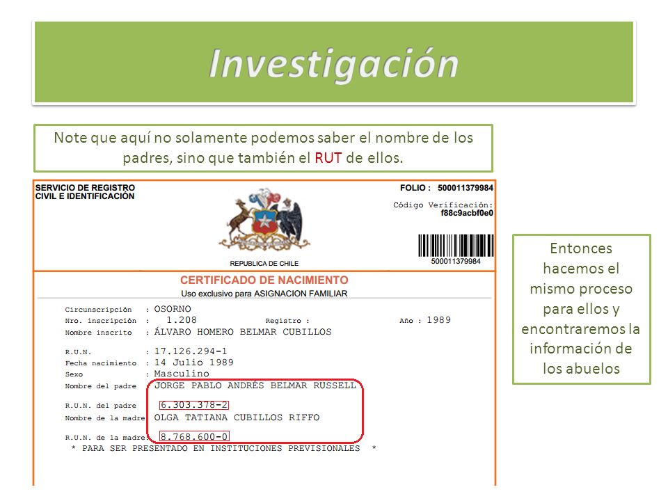 Investigación Note que aquí no solamente podemos saber el nombre de los padres, sino que también el RUT de ellos.
