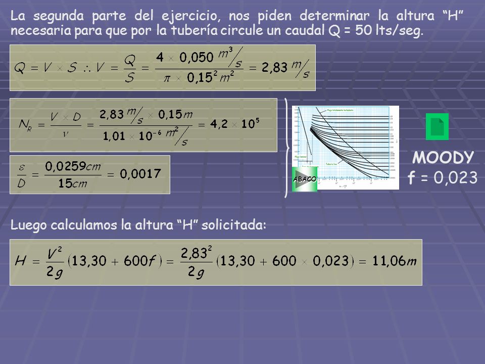 La segunda parte del ejercicio, nos piden determinar la altura H necesaria para que por la tubería circule un caudal Q = 50 lts/seg.