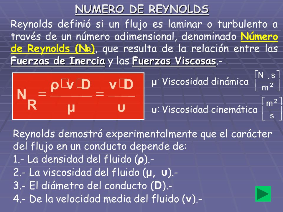 × = υ D v μ ρ N R NUMERO DE REYNOLDS