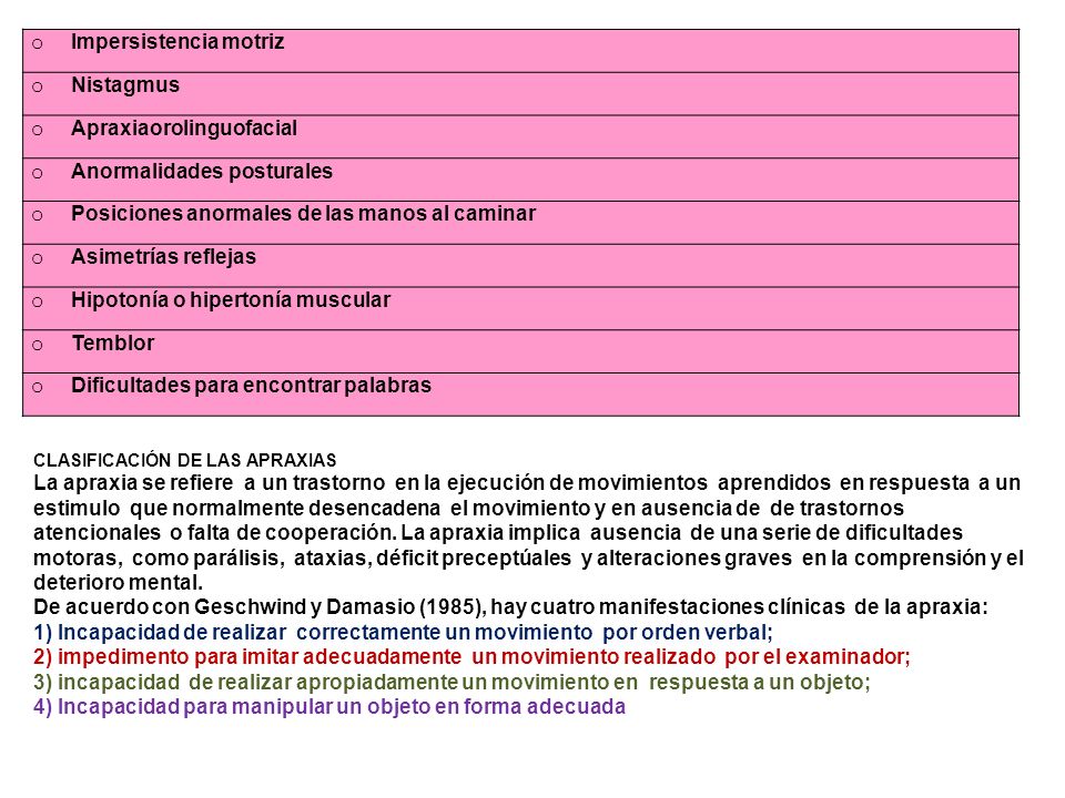 Impersistencia motriz Nistagmus Apraxiaorolinguofacial