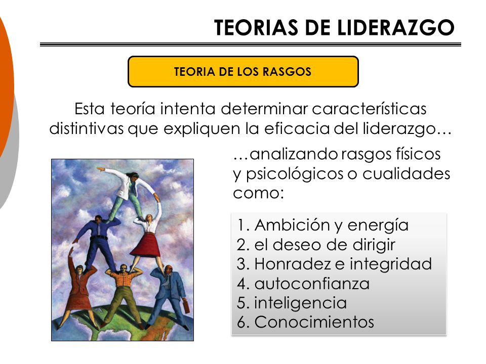 TEORIAS DE LIDERAZGO TEORIA DE LOS RASGOS. Esta teoría intenta determinar características distintivas que expliquen la eficacia del liderazgo…