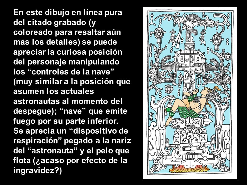 En este dibujo en línea pura del citado grabado (y coloreado para resaltar aún mas los detalles) se puede apreciar la curiosa posición del personaje manipulando los controles de la nave (muy similar a la posición que asumen los actuales astronautas al momento del despegue); nave que emite fuego por su parte inferior.