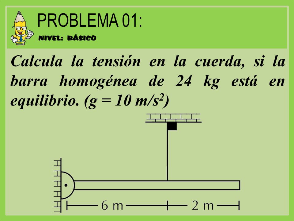 PROBLEMA 01: Calcula la tensión en la cuerda, si la barra homogénea de 24 kg está en equilibrio.