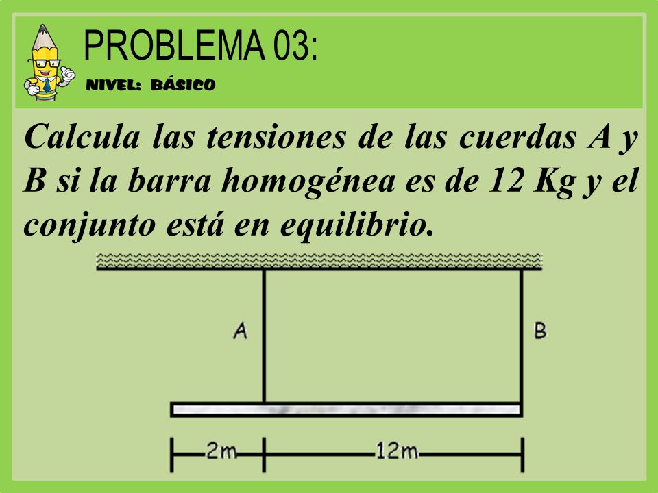 PROBLEMA 03: Calcula las tensiones de las cuerdas A y B si la barra homogénea es de 12 Kg y el conjunto está en equilibrio.