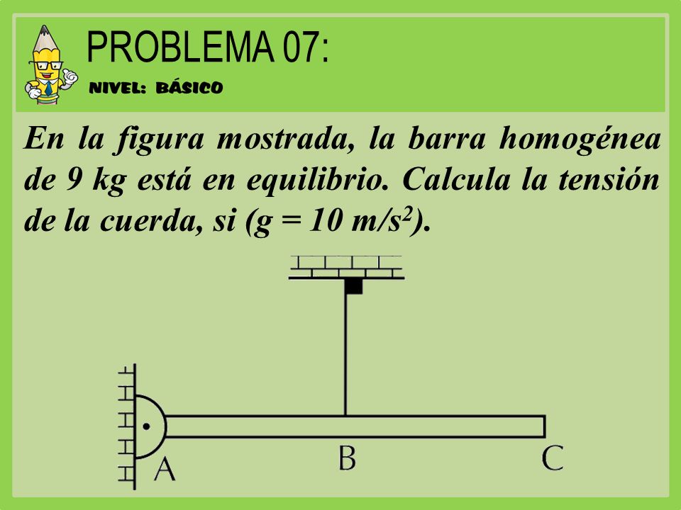 PROBLEMA 07: En la figura mostrada, la barra homogénea de 9 kg está en equilibrio.