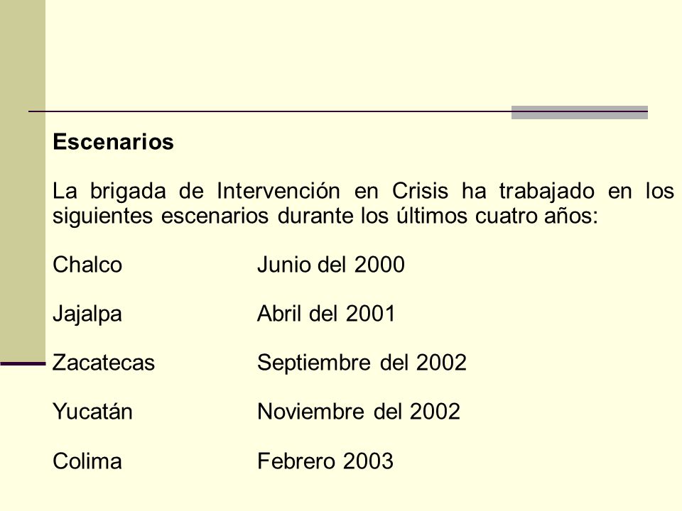 Escenarios La brigada de Intervención en Crisis ha trabajado en los siguientes escenarios durante los últimos cuatro años: