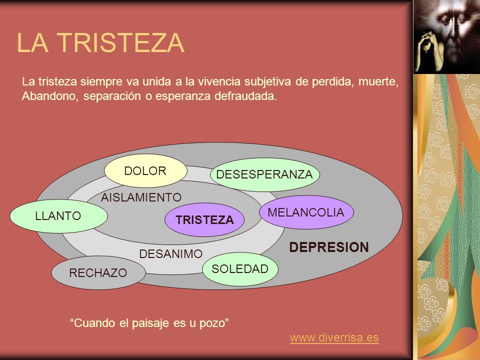 LA TRISTEZA La tristeza siempre va unida a la vivencia subjetiva de perdida, muerte, Abandono, separación o esperanza defraudada.