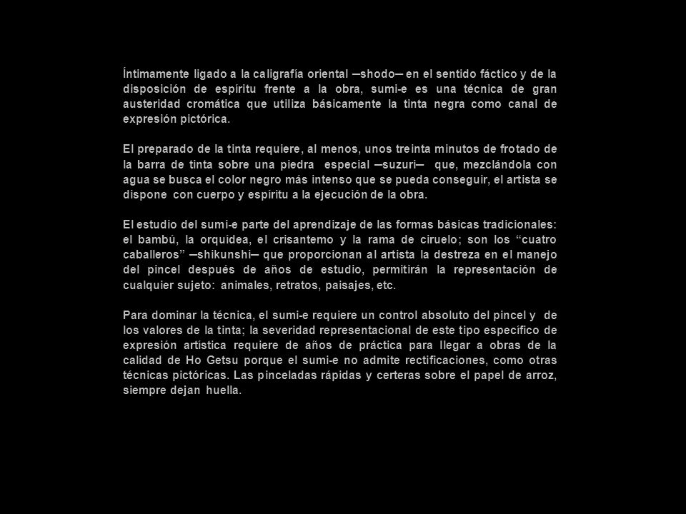 Íntimamente ligado a la caligrafía oriental ─shodo─ en el sentido fáctico y de la disposición de espíritu frente a la obra, sumi-e es una técnica de gran austeridad cromática que utiliza básicamente la tinta negra como canal de expresión pictórica.