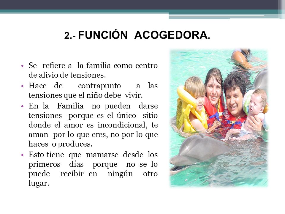 2.- FUNCIÓN ACOGEDORA. Se refiere a la familia como centro de alivio de tensiones.