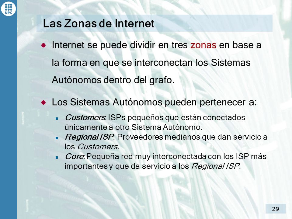 Las Zonas de Internet Internet se puede dividir en tres zonas en base a la forma en que se interconectan los Sistemas Autónomos dentro del grafo.