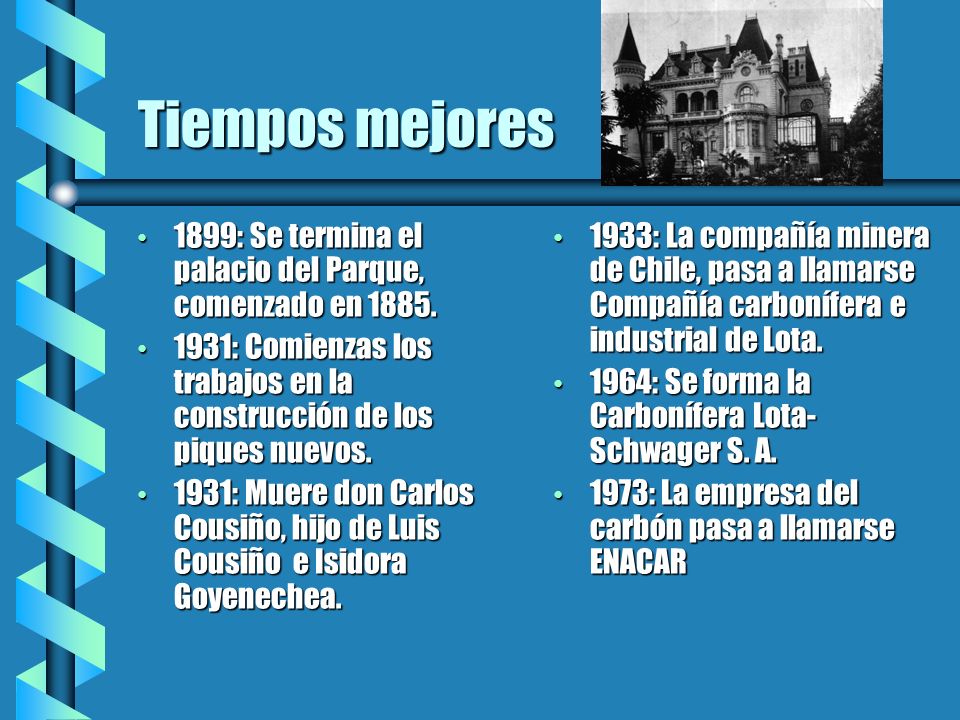 Tiempos mejores 1899: Se termina el palacio del Parque, comenzado en : Comienzas los trabajos en la construcción de los piques nuevos.