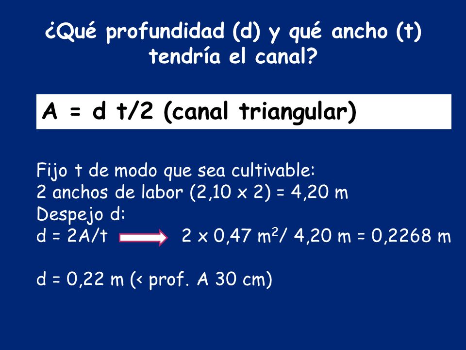 ¿Qué profundidad (d) y qué ancho (t) tendría el canal