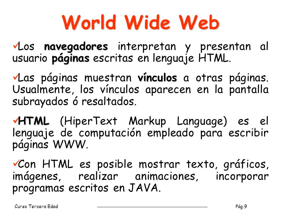 World Wide Web Los navegadores interpretan y presentan al usuario páginas escritas en lenguaje HTML.