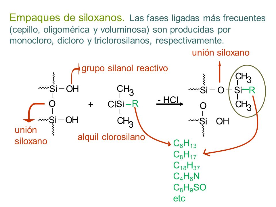 Empaques de siloxanos. Las fases ligadas más frecuentes (cepillo, oligomérica y voluminosa) son producidas por monocloro, dicloro y triclorosilanos, respectivamente.