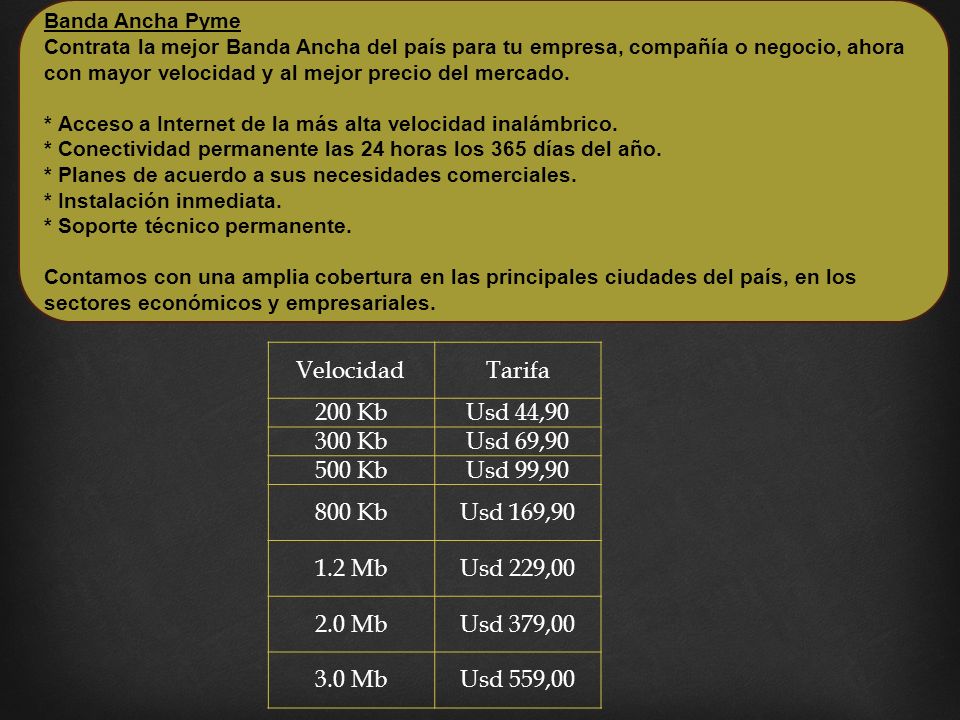 Velocidad Tarifa 200 Kb Usd 44, Kb Usd 69, Kb Usd 99,90