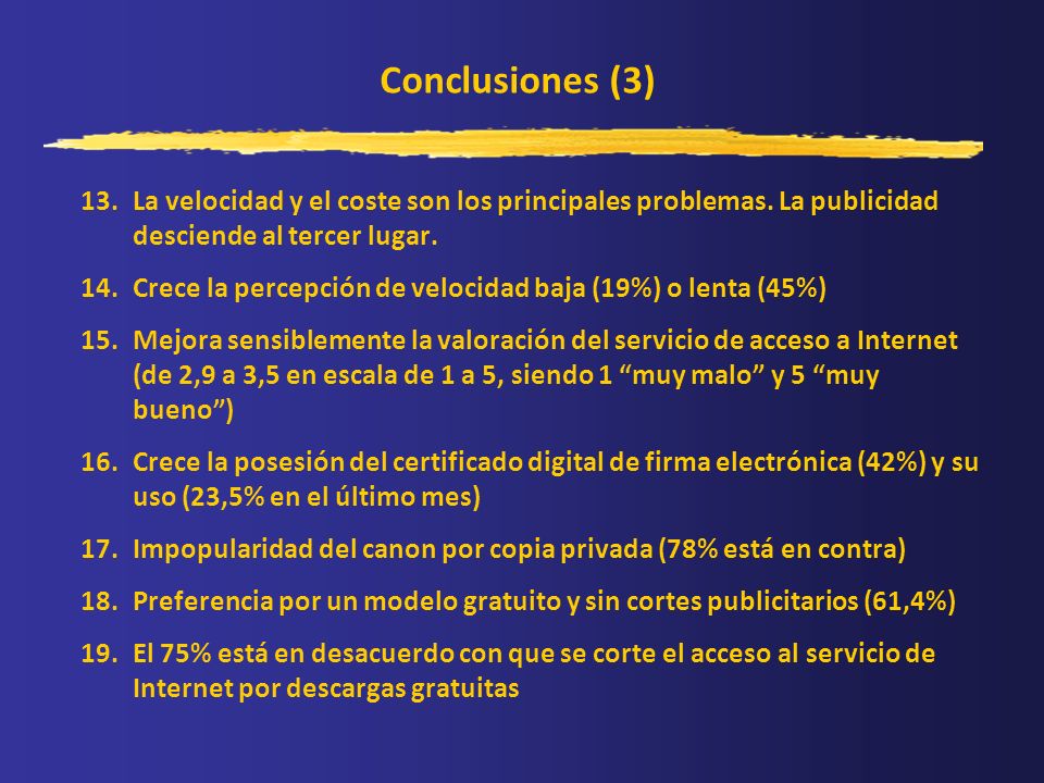 Conclusiones (3) La velocidad y el coste son los principales problemas. La publicidad desciende al tercer lugar.