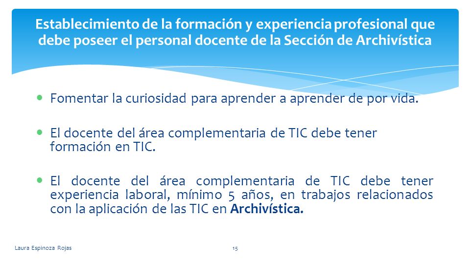 Establecimiento de la formación y experiencia profesional que debe poseer el personal docente de la Sección de Archivística