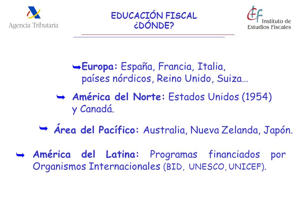 EDUCACIÓN FISCAL ¿DÓNDE Europa: España, Francia, Italia, países nórdicos, Reino Unido, Suiza… 