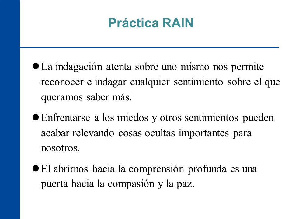 Práctica RAIN La indagación atenta sobre uno mismo nos permite reconocer e indagar cualquier sentimiento sobre el que queramos saber más.