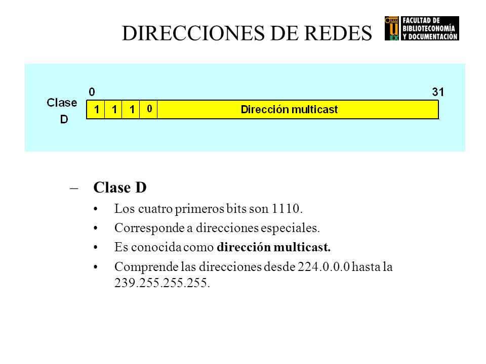 DIRECCIONES DE REDES Clase D Los cuatro primeros bits son 1110.