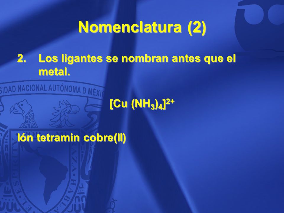 Nomenclatura (2) Los ligantes se nombran antes que el metal.