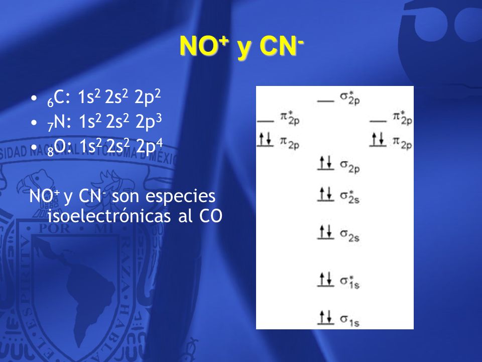 NO+ y CN- 6C: 1s2 2s2 2p2 7N: 1s2 2s2 2p3 8O: 1s2 2s2 2p4