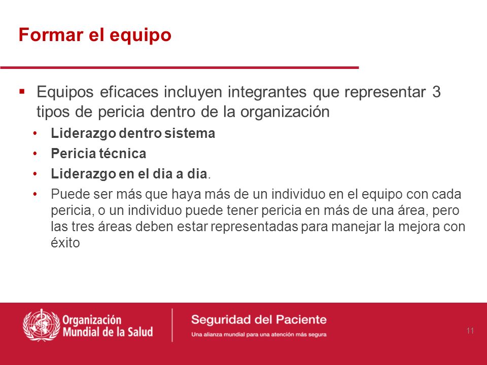 Formar el equipo Equipos eficaces incluyen integrantes que representar 3 tipos de pericia dentro de la organización.