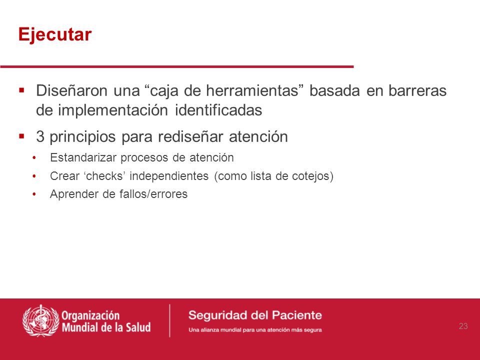 Ejecutar Diseñaron una caja de herramientas basada en barreras de implementación identificadas. 3 principios para rediseñar atención.