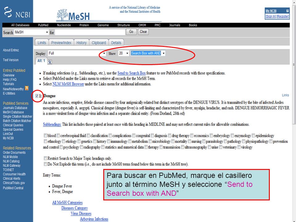Dengue 4 Para buscar en el PubMed, marque el casillero junto al término MeSH y seleccione Send to Search box with AND