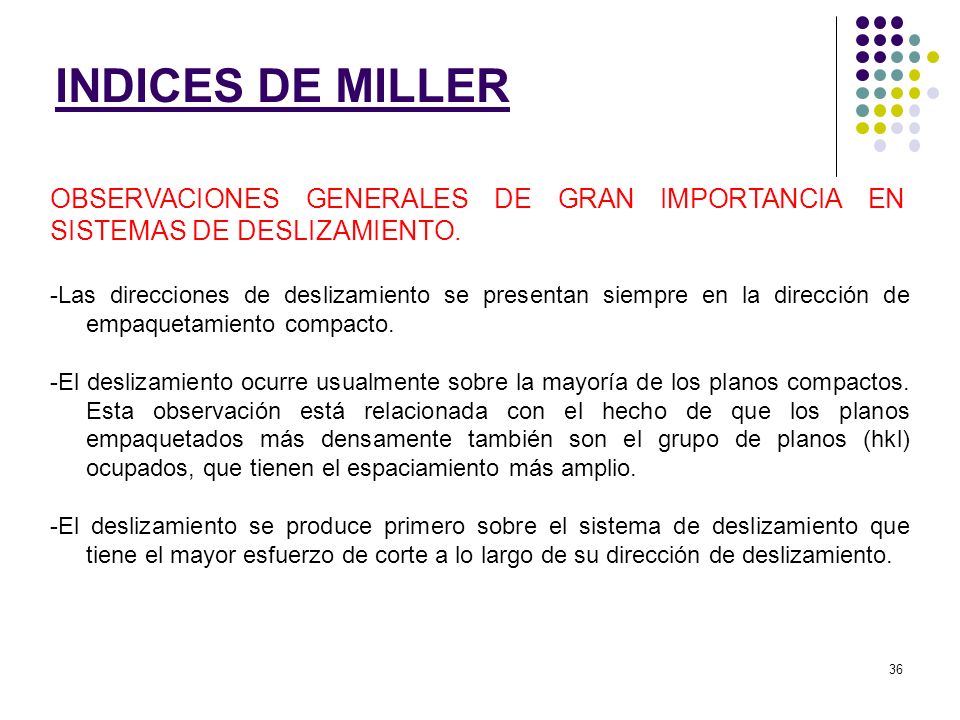 INDICES DE MILLER OBSERVACIONES GENERALES DE GRAN IMPORTANCIA EN SISTEMAS DE DESLIZAMIENTO.